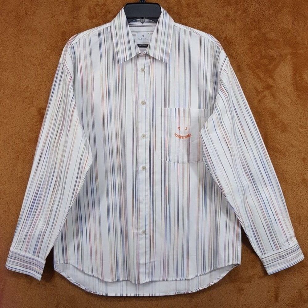 PAUL SMITH Shirt Mens Small White Stripe Long Sleeve Relaxed Fit Happy $250